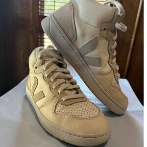 VEJA V-15 Leather High Top Sneakers Shoes White Beige W Size 10 / M Size 8.5